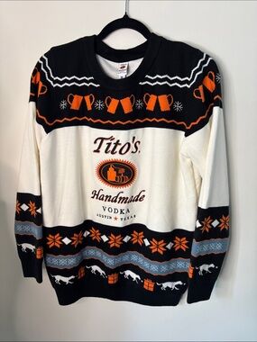 Tito’s Vodka Men's Crewneck Holiday Sweater - Black, White & Orange, sz M